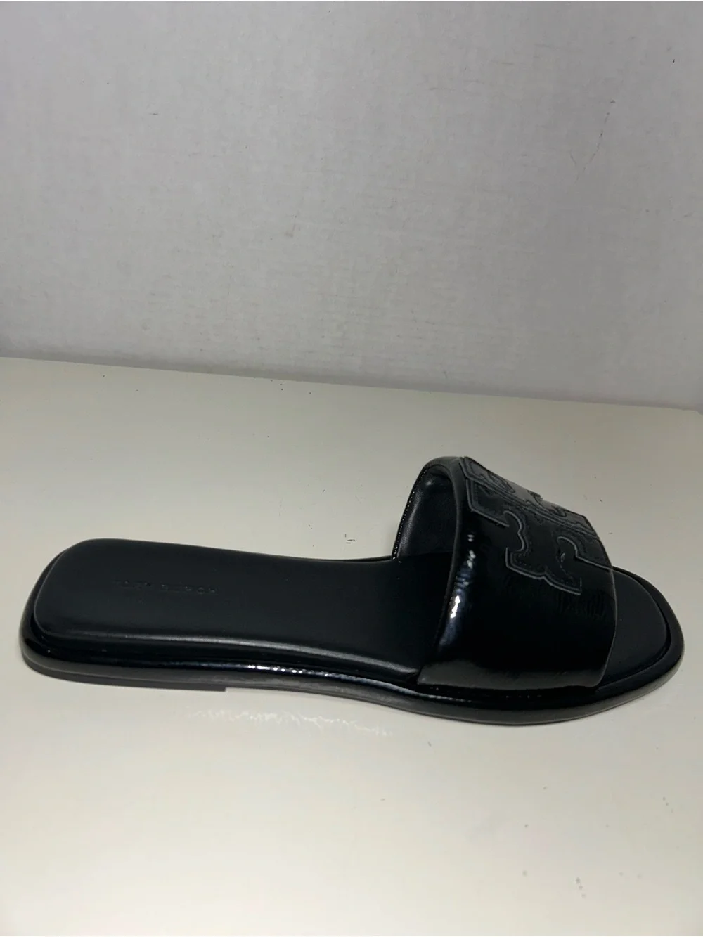 Tory Burch Double T Sport Slides Perfect Black Patent Leather